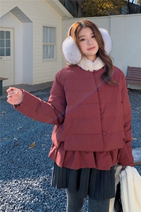韩版短款羽绒服女2025冬季新款今年流行毛领收腰保暖外套酒红色图片