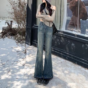 美式复古高腰微喇牛仔裤女春季新款不贴腿宽松显瘦阔腿喇叭裤子潮图片