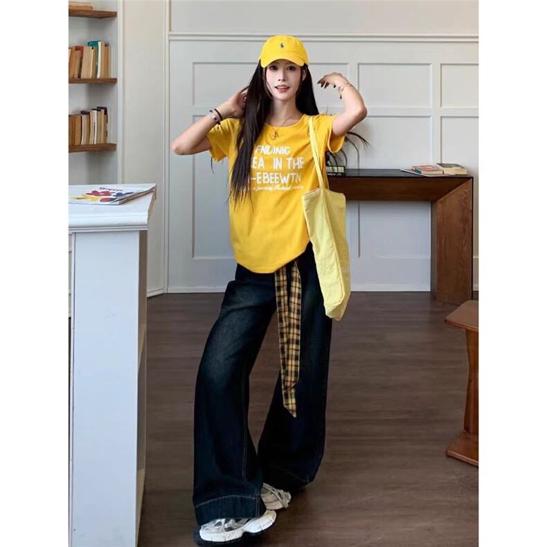 美式复古格子拼接绑带牛仔裤女夏季2025新款宽松直筒阔腿裤子,男装牛仔裤,星座1210-1