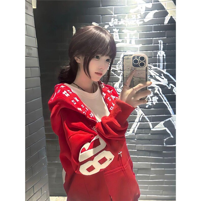 1506-1/Q90400/P59美式潮牌印花开衫连帽宽松休闲百搭拉链外套,女装短外套,星座1506