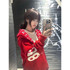 1506-1/Q90400/P59美式潮牌印花开衫连帽宽松休闲百搭拉链外套，女装短外套，星座1506