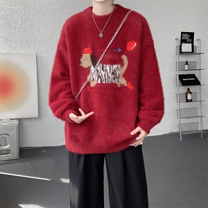 腊肠狗情侣毛衣男酒红色本命年针织衫男高级感线衫MY1222-P68图片