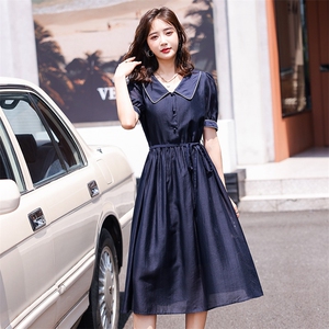 娃娃领天丝连衣裙女2022年夏季新款法式复古洋气气质中长款裙子图片
