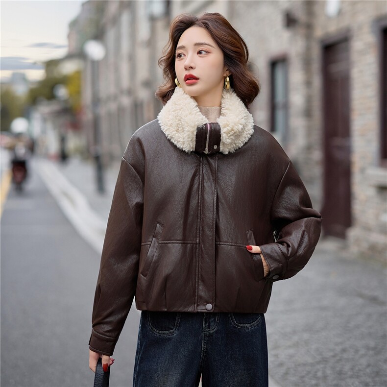 大翻领加丝绵皮衣短外套女2025秋冬新款保暖时尚酷飒机车PU皮夹克,女装皮衣,潮流依族