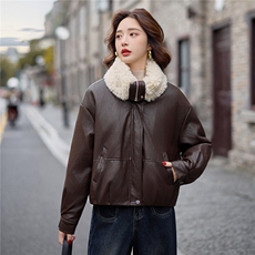 大翻领加丝绵皮衣短外套女2025秋冬新款保暖时尚酷飒机车PU皮夹克，女装皮衣，潮流依族