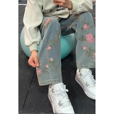 玫瑰提花牛仔裤男春秋设计感花卉印花裤子直筒微喇裤NK66，男装牛仔裤，星座1116A（原606A-3）