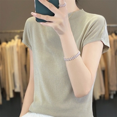 薄款冰丝针织短袖t恤女春夏半袖上衣2023新无袖背心宽松大码上衣，女装T恤，雪真羊绒