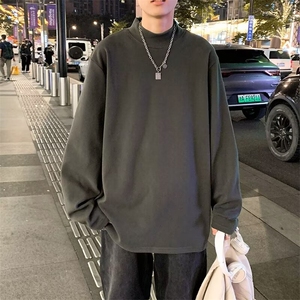 港风德绒打底衫男春秋季ins情侣内搭长袖T恤纯色领针织衫T52/P18图片
