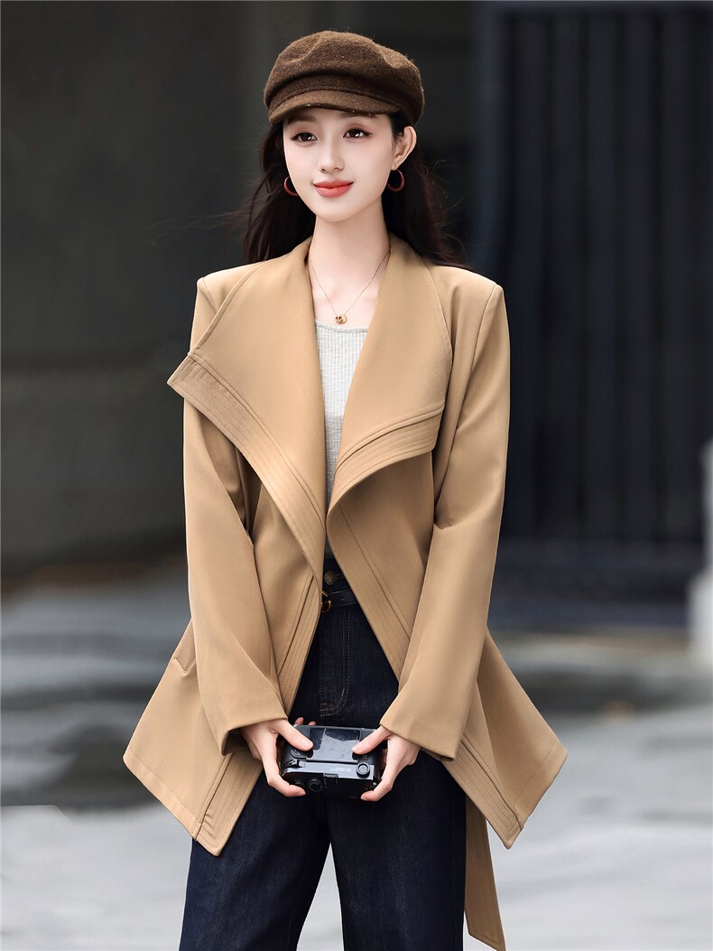 高端时尚女2026秋新款气质宽松显瘦韩版大翻领风衣外套送腰带,女装风衣,火爆靓佳人