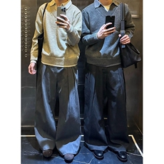 重磅北极绒假两件衬衫领毛衣美式高街复古休闲慵懒纯色翻领针织衫，男装针织衫/毛衣，电商A486-1