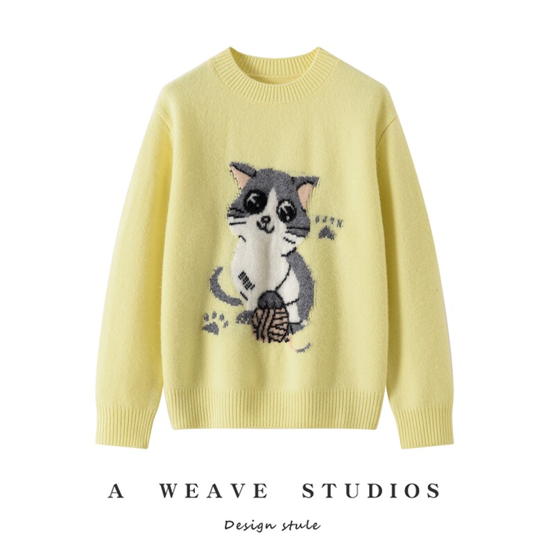 2025年秋季新款百搭猫咪刺绣圆领套衫，女装针织衫/毛衣，戎魅羊绒