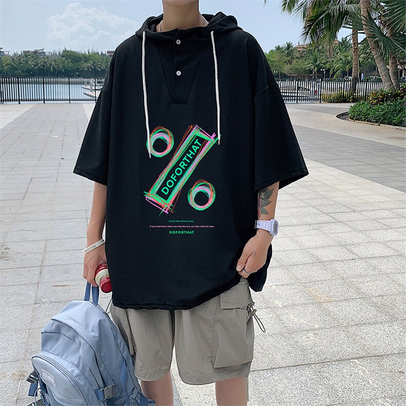 LD54171-P45连帽短袖t恤男大码胖子带帽五分袖中袖,男装T恤,电商A040