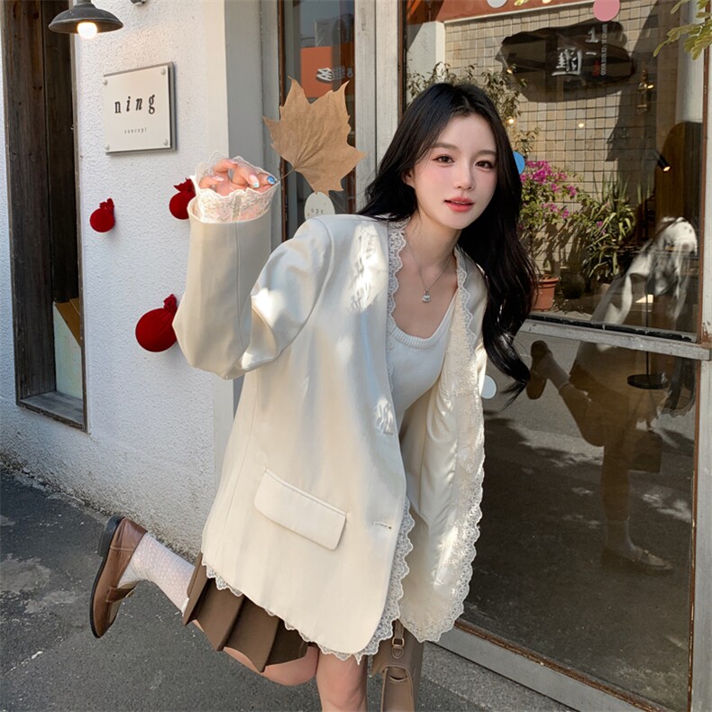 蕾丝拼接小香风西装外套女2026春新款气质独特超好看休闲西服,女装西装,浙宝128A