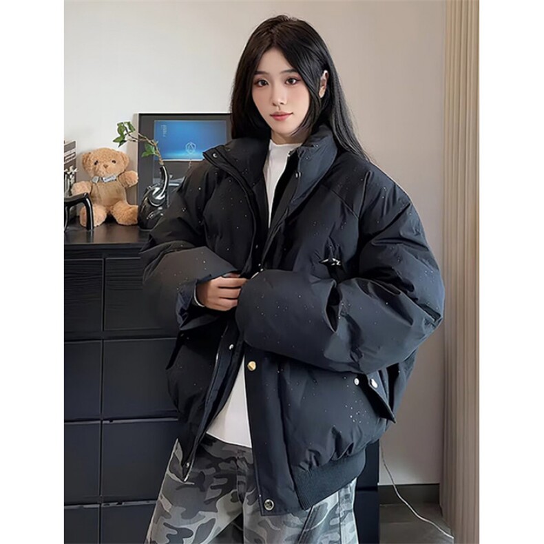 立领短款棉服外套男女同款冬季加厚面包服保暖黑色棉衣 MW888图片