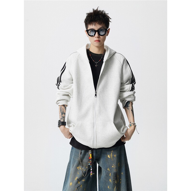 8XL-M秋冬美式运动三条杠条纹开衫卫衣连帽特大码宽松JK5206/P65,男装卫衣,电商B238
