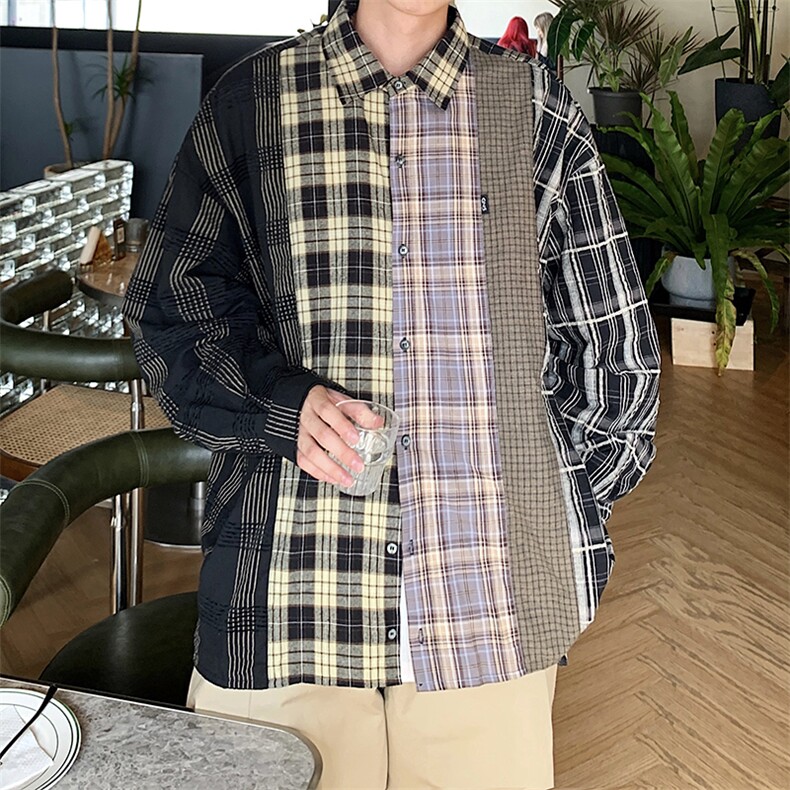 新款复古美式设计感长袖衬衣宽松拼接格子宽松衬衫男女潮0936-p48,男装衬衫,星座1008-1