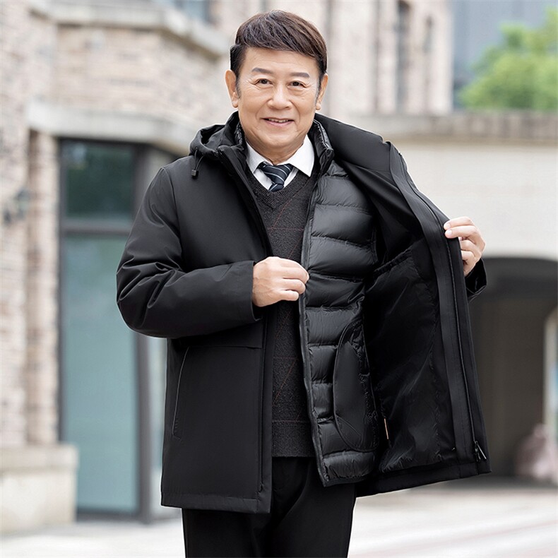 主推可拆卸帽灰鹅绒一衣三穿中老年羽绒服外套男士加厚羽绒服大衣,男装羽绒服,钱塘723