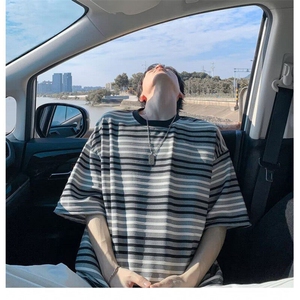 C540P35夏季新款圆领t恤韩版男生条纹宽松短袖潮流凉感舒
