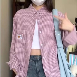 港风春款男女千鸟格衬衫腊肠狗刺绣宽松休闲衬衣CS2552 P38图片