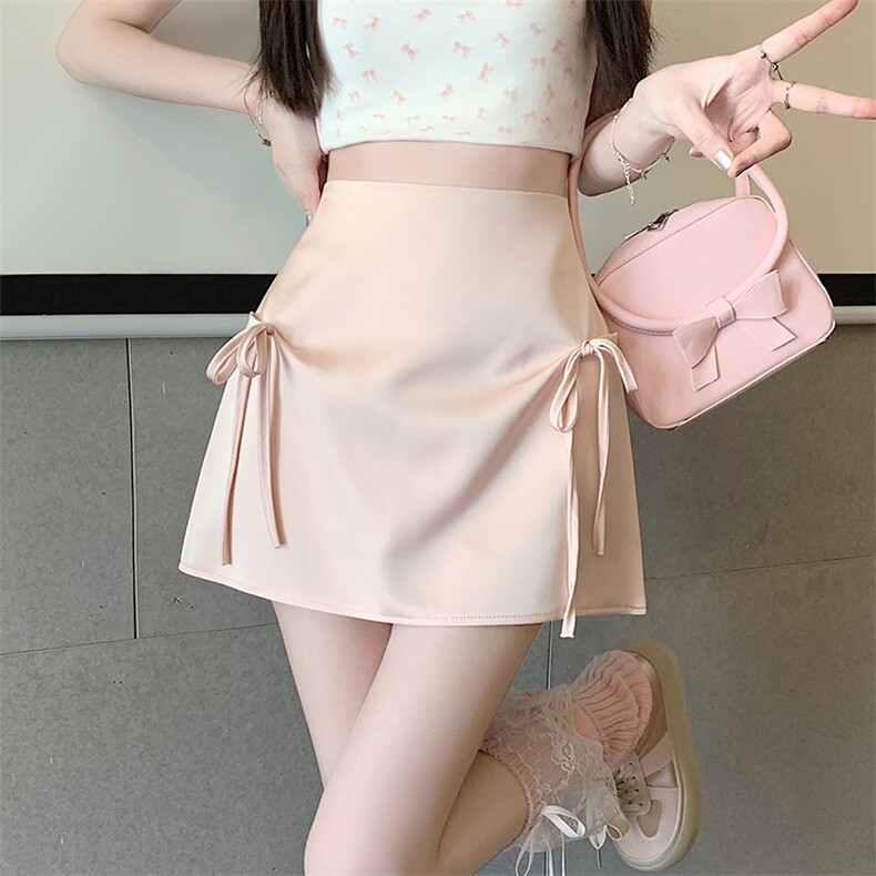 感蝴蝶结绑带黑色半身裙女夏季防走光高腰A字裙粉色包臀短裙图片