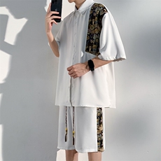1小熊短袖衬衫男+短裤大码M-5XL套装92%聚酯纤维8%氨纶TZ77059P70，男装衬衫，星座226-2