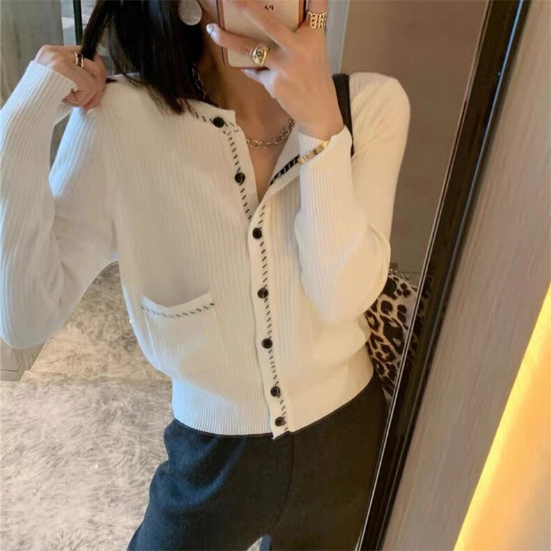 春秋韩版时尚小香风外搭上衣修身显瘦圆领针织短款开衫,针织衫/毛衣,恩泰羊绒
