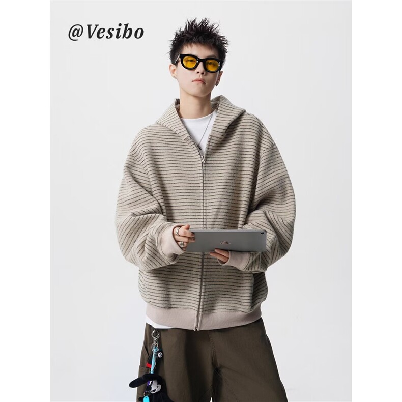 条纹绒感480克开衫连帽卫衣时尚简约流行潮原宿慵懒WY8002 P80图片