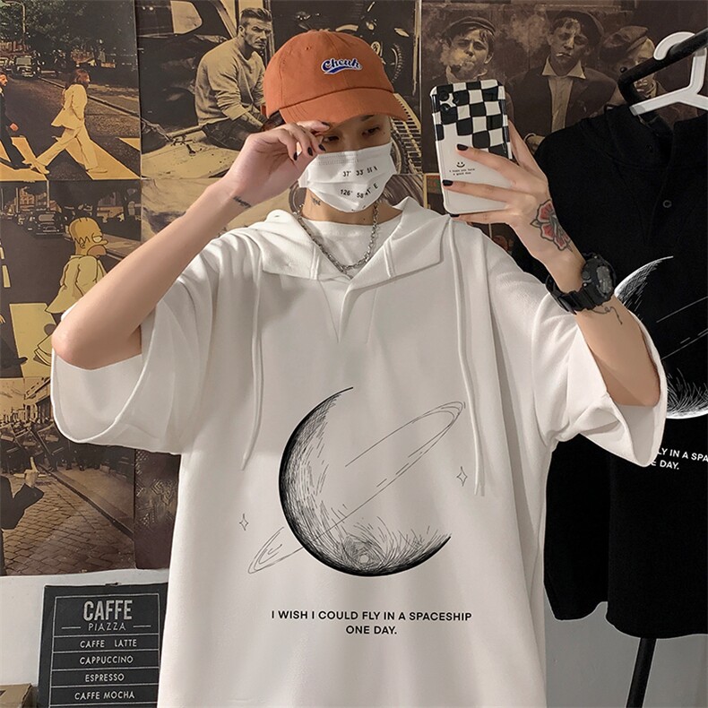 LD54246-P45月球连帽短袖t恤男大码胖子带帽五分袖中袖,男装T恤,电商A040