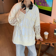 美式复古宽松休闲圆领针织毛衣秋季镂空宽松长袖防晒上衣，男装防晒衣，星座410-7