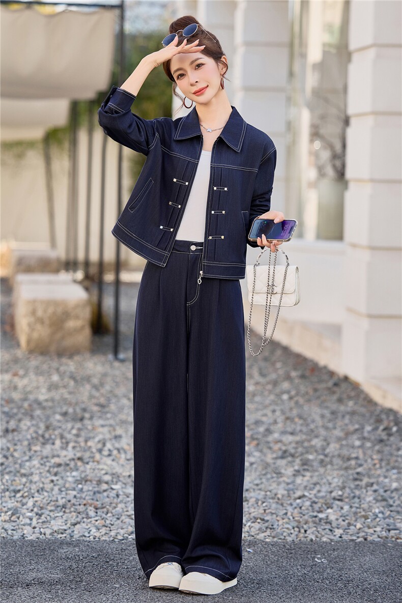 （新款现货）2026春装时尚休闲拉链天丝牛仔阔腿裤套装（两件套）,女装套装/套裙,印象茜