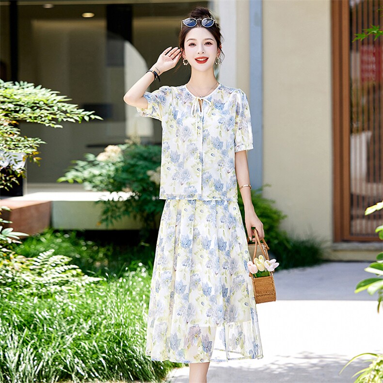 温柔风印花时尚套装裙女2024夏新款名媛气质上衣高腰半身裙两件套,女装套装/套裙,姿衣坊