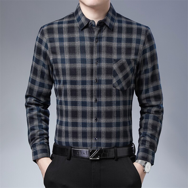 加绒加厚长袖衬衫男士秋冬季新款中年休闲爸爸装羊毛内里保暖衬衣，男装衬衫，电商B212（原钱塘6029）