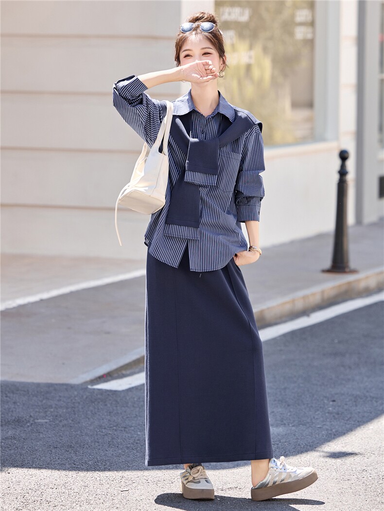 韩系气质披肩条纹衬衫套装女2025年春秋新款优雅大气半身裙三件套,女装套装/套裙,意芙