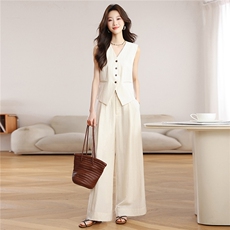 棉麻马甲阔腿裤套装女夏2026新款V领无袖收腰显瘦休闲两件套米白，女装套装/套裙，艾米