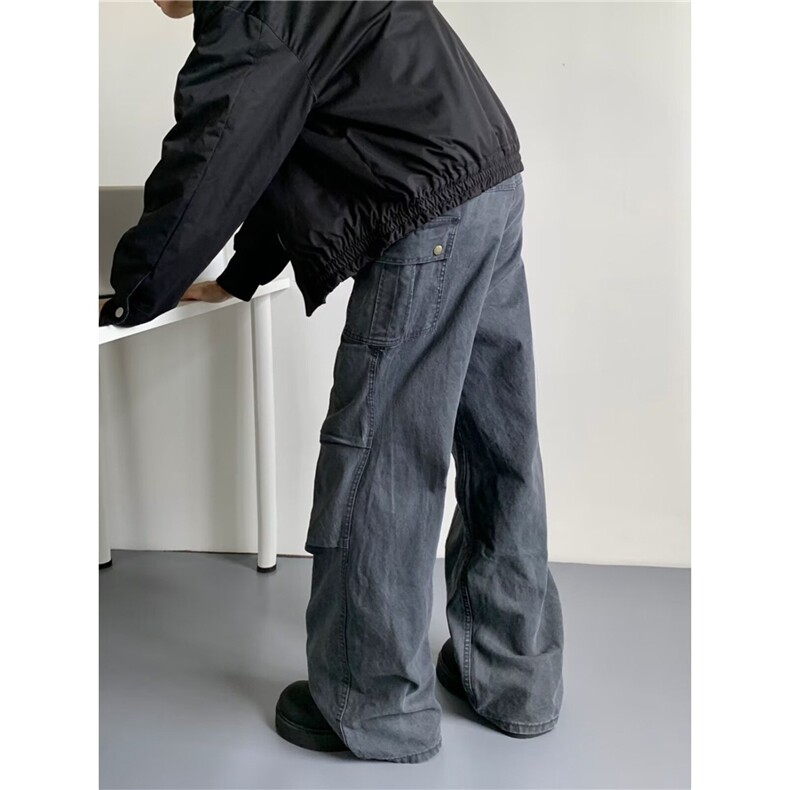 美式复古深灰色工装裤男秋季水洗做旧褶皱直筒高街微喇休闲长裤子，男装工装外套，星座813-3