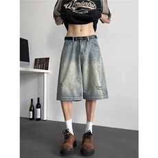 牛仔短裤男女韩版潮流破洞帅气百搭2025夏季ins七分裤RK2577-P41，男装牛仔裤，星座412-3
