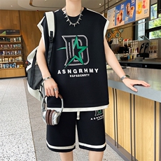 无袖短裤套装夏季冰凉感t恤帅气休闲坎肩运动套装A436-1105-P55，男装T恤，电商A436
