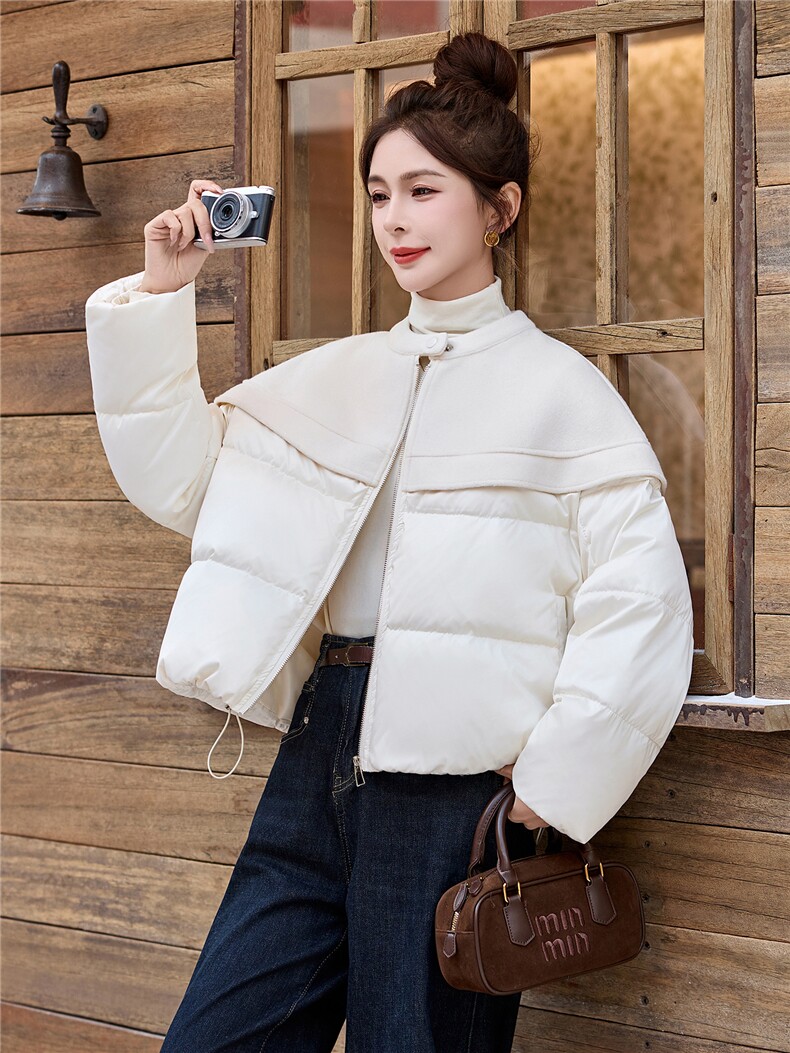 设计感气质毛呢拼接羽绒服女2025冬季新款短款外套减龄,女装羽绒服,玖莱伊