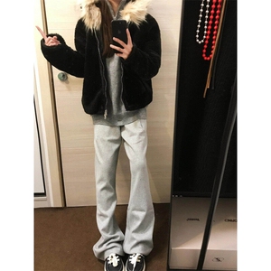 【有货】W200LL-特P100cleanfit黑色毛绒外套男冬季高级感,黑色羊剪绒围巾搭配图片