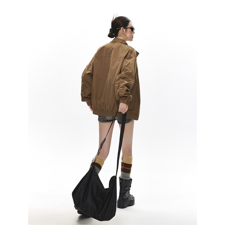 美式罗纹拼接袖子褶皱大码M-5XL教练夹克女JK78056P69控105，女装短外套，星座226-1