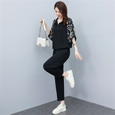 中年妈妈两件套大码减龄女装时尚2023夏季宽松显瘦花色中袖裤套装，女装套装/套裙，素月