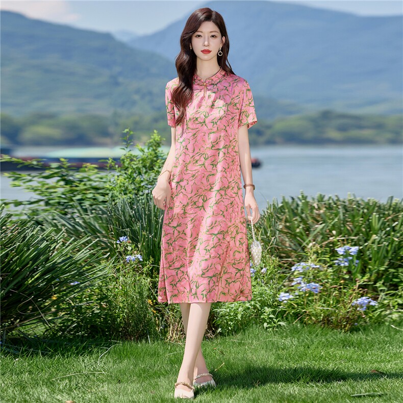 2878时尚复古盘扣印花连衣裙,女装连衣裙,罗得堡