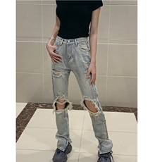美式破洞牛仔裤女新款夏季高腰修身裤子高街开叉直筒WLG8802-P45，男装牛仔裤，星座1008