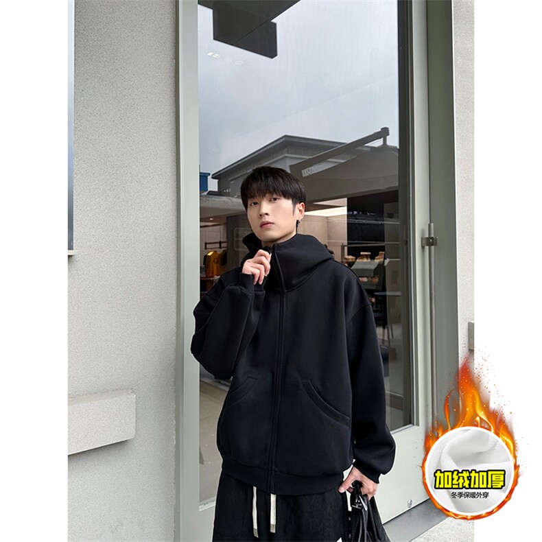 480G重磅加绒硬挺boxy男女秋冬美式高街防风高领卫衣开衫厚外套，女装短外套，电商A486