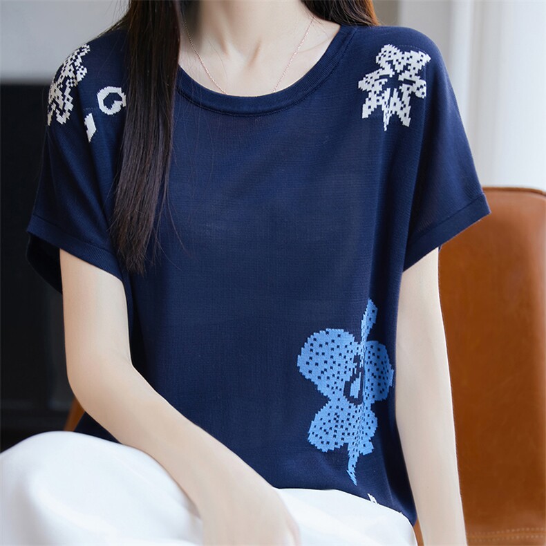 莱塞尔针织提花小飞袖T恤女2025夏薄透气洋气蓝色宽松显瘦短袖T恤,针织衫/毛衣,唐诺