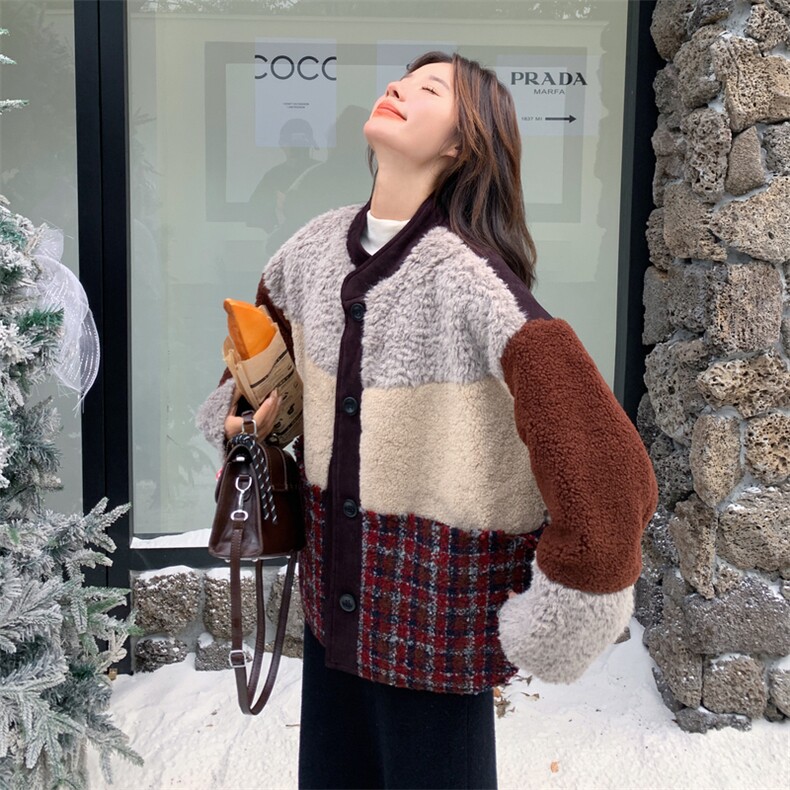 拼接撞色复古松弛感羊羔毛羽绒服女冬季2025年新款白鸭绒内胆外套,女装羽绒服,2B188