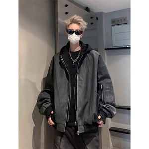 设计美式复古棒球服男春季宽松休闲短款连帽pu皮纹理夹克外套潮流图片