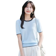 撞色圆领冰丝针织短袖T恤女2025夏季轻薄透气宽松显瘦上衣小衫t恤，女装针织衫/毛衣，昭美羊绒