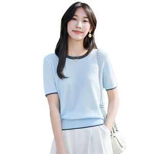 撞色圆领冰丝针织短袖T恤女2025夏季轻薄透气宽松显瘦上衣小衫t恤图片