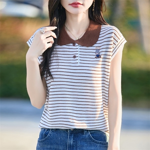 夏季新款精纺羊毛针织短袖女POLO领T恤宽松显瘦条纹撞色打底衫女图片